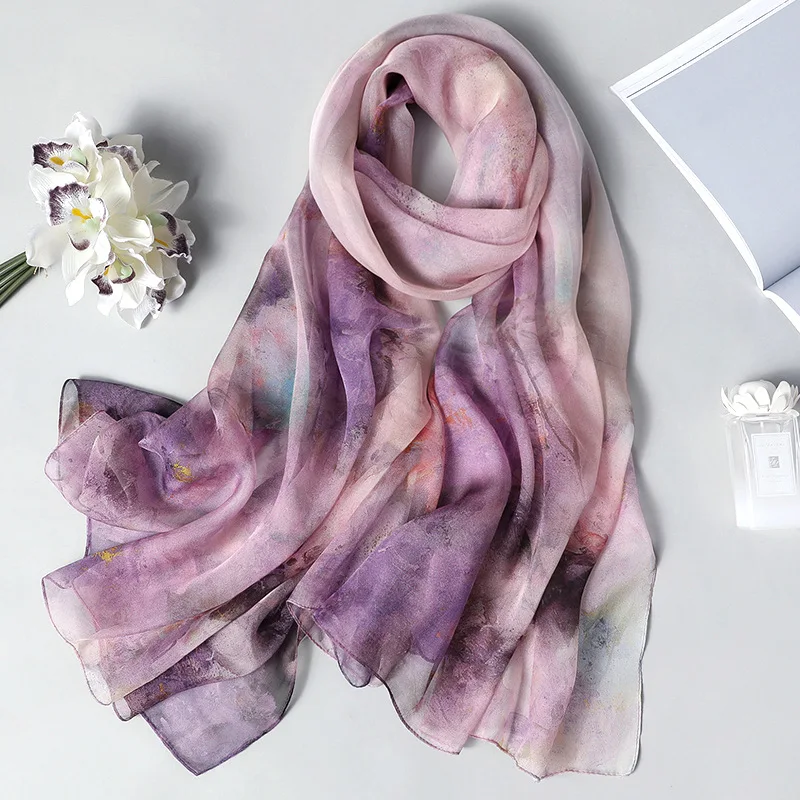 Purple Pink Роскошный шелковый шарф для женщин, квадратные шали и палантины с цветочным принтом, шарфы для хиджаба, женские элегантные красные шарфы на шею - Цвет: Purple Pink