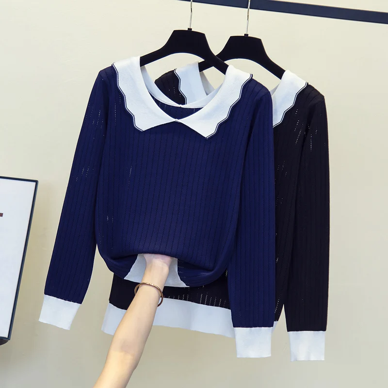 

Женская трикотажная рубашка-поло, синий или черный винтажный пуловер большого размера в Корейском стиле, повседневная одежда, 4XL, Осень-зима...