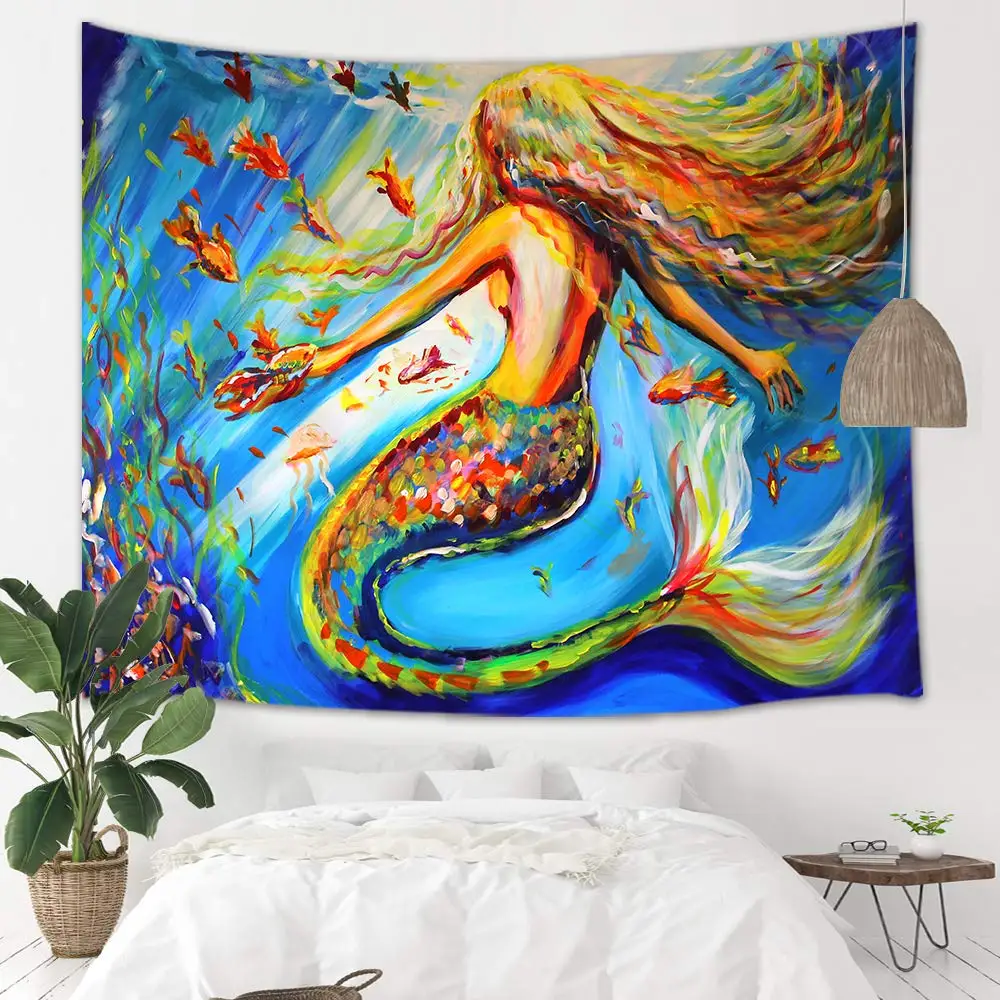 Гобелен в стиле русалки на стену ковер Фэнтези с изображением девушки и рыб