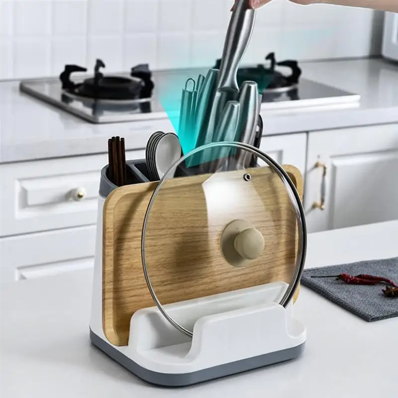

Kitchen Utensil Holder Knife Storage Rack Multi-Functional Tableware Cutting Board Block Knife Shelf Organizer with Drainboard