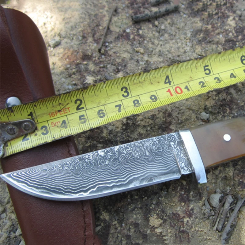 

Hysenss High Quality Damascus Steel Ox Horn Handle Collectible Outdoor Hiking Camping Tactical Knifes Cutting Peeling Edc Tools