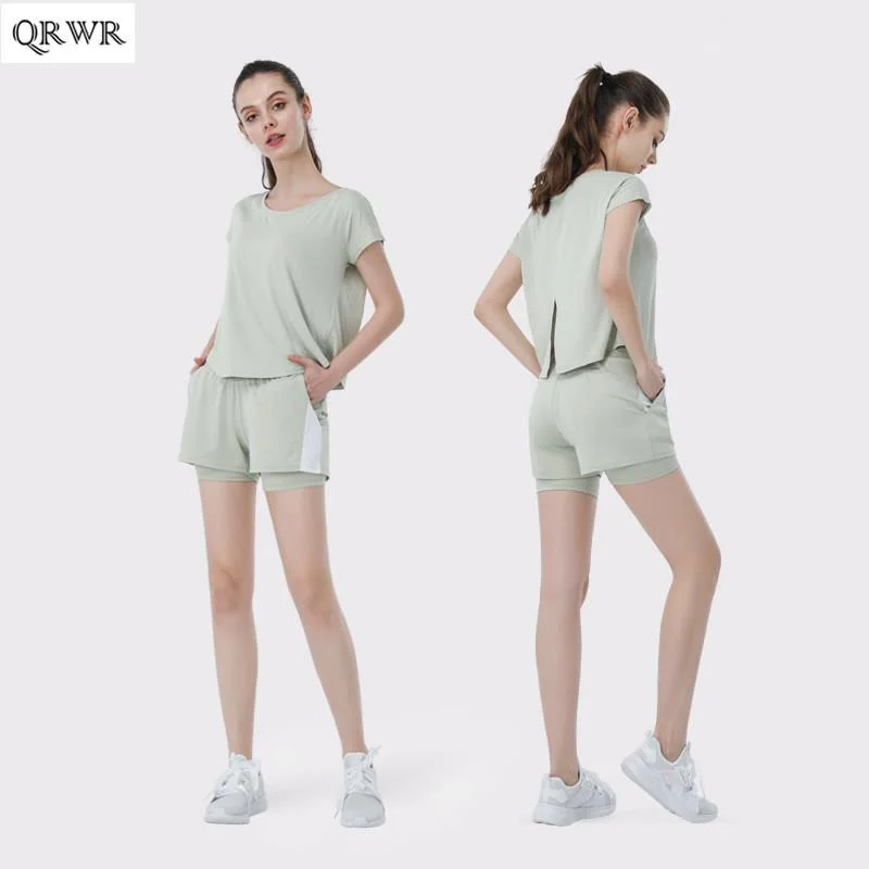 

Модный новый костюм для йоги, спортивный костюм, женские быстросохнущие шорты, Свободный Топ с коротким рукавом, костюм для фитнеса, комплек...