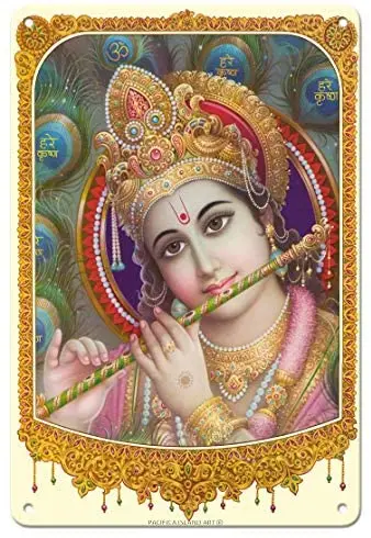 

Lord Krishna with Flute - India Hindu Deity - Religious Art - Metal Sign