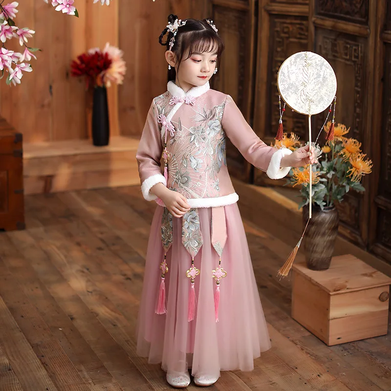 

New Embroider Girl's Hanfu Autumn Winter Cheongsam Chinese Tradition Wedding Flower Dress Cute Kids New Year Dress Clothes
