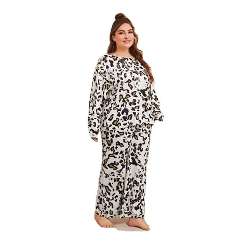 

2020Autumn Pajamas Two Pieces Sets Women's Leopard Long Sleeve Pullover Top T-Shirt Lacing Drawstring Pants 2PC Outfit Sleepwear