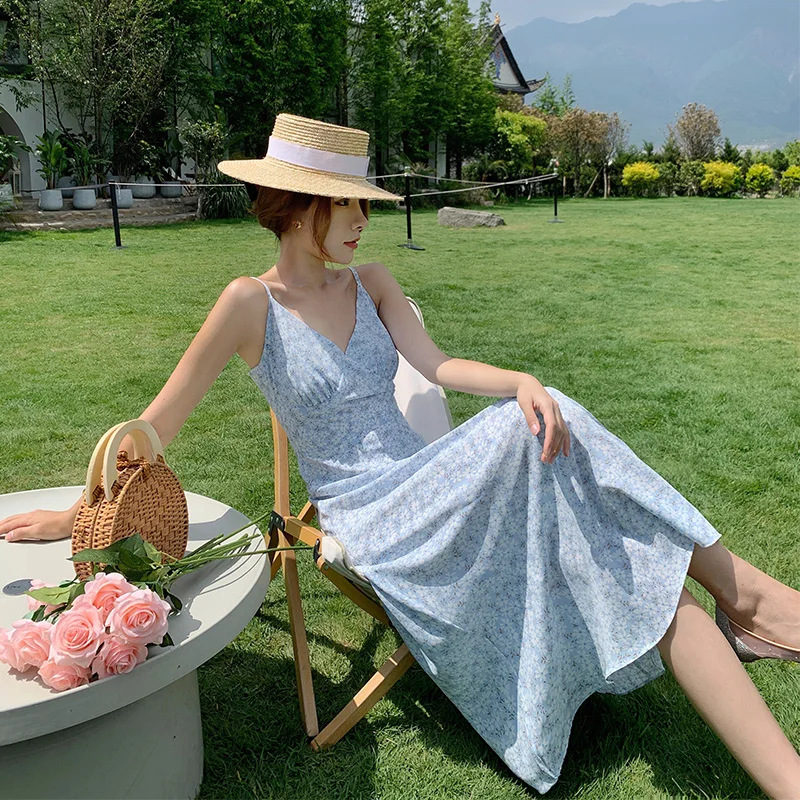 

Женское длинное платье-комбинация с цветочным рисунком, летнее платье 2022, элегантное подиумное платье с открытой спиной в стиле бохо, корейские феи, повседневные пляжные вечерние платья для отдыха