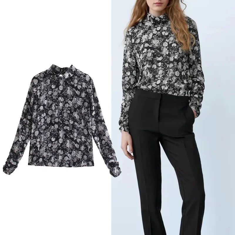 

TRAF Za 2021 New Women Shirt Autum Flower Print Shirt Blouses Women Casual Fashion Shirts Long Sleeve Woman Tops