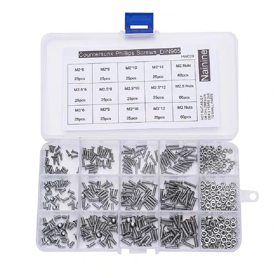 

480Pcs/set M2 M2.5 M3 DIN965 ISO7046 JISB1111F GB819 304 Stainless Steel Machine Screws Flat Head KM Screw Kit HW029