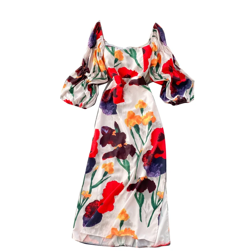 

Spring Autumn Women's Dress French New Style Puff Sleeve Printed Square Neck Dress Retro Slim Long Sleeve Dresses LL045