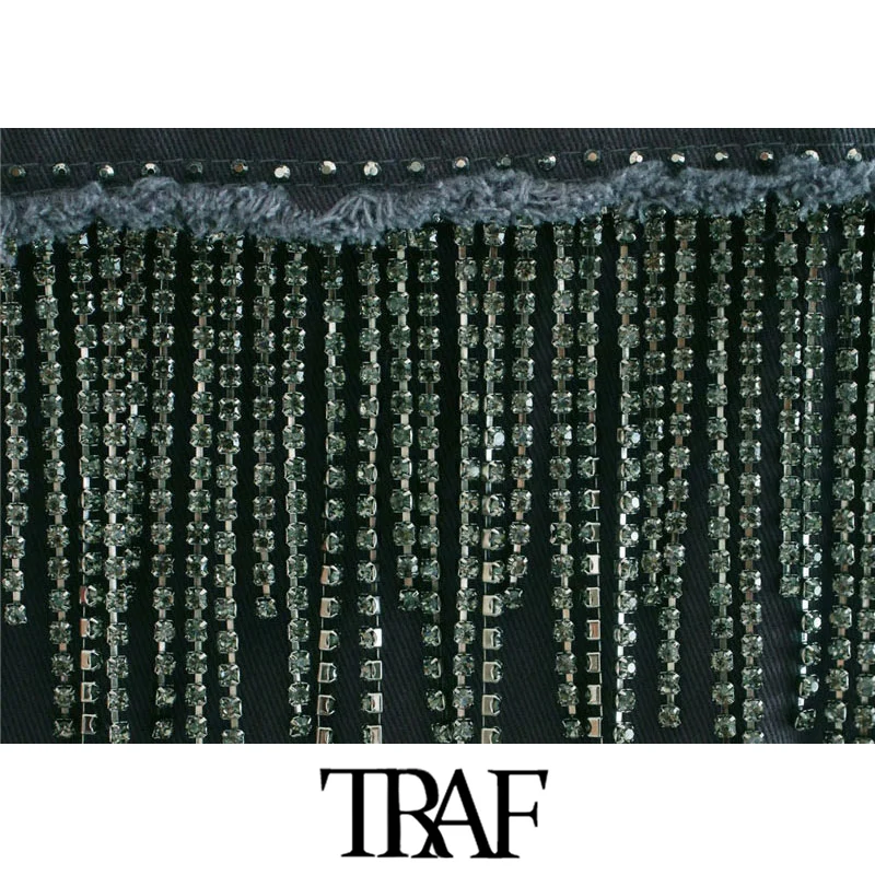 

TRAF Women Fashion Oversized Bejewelled Denim Jacket Coat Vintage Long Sleeve Fayed Tassel Female Outerwear Chic Tops