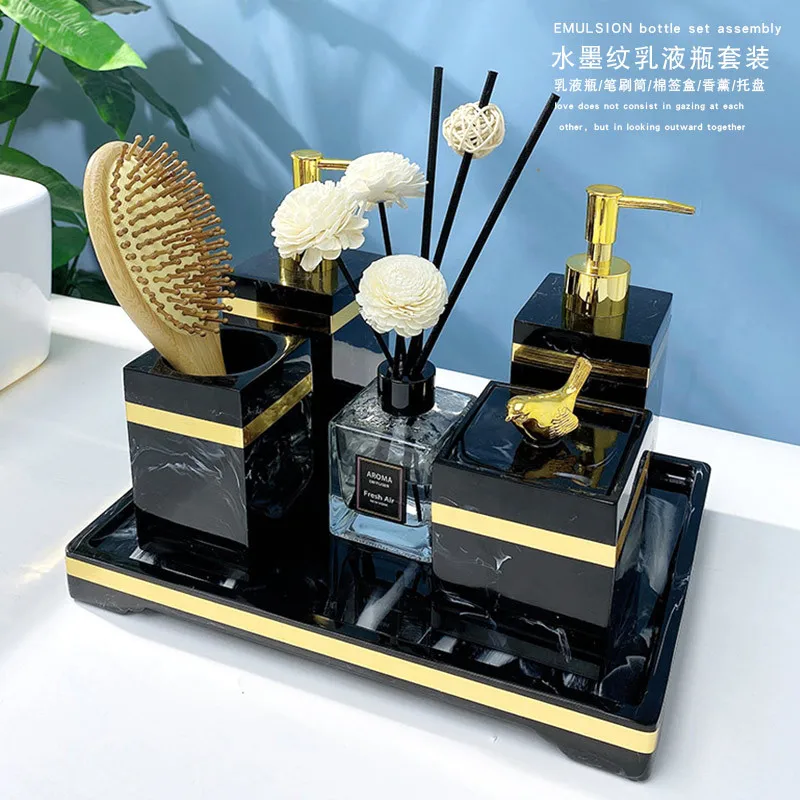 

Resin Bathroom Set Pump Soap Dispenser Dish Couple Cups Black & Gold Tissue Napkin Box Wedding Gifts Presents Sanitary Ware