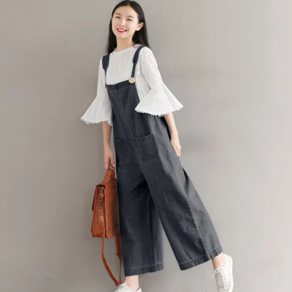 2020 осенний свободный джинсовый комбинезон винтажный на подтяжках широкие штаны
