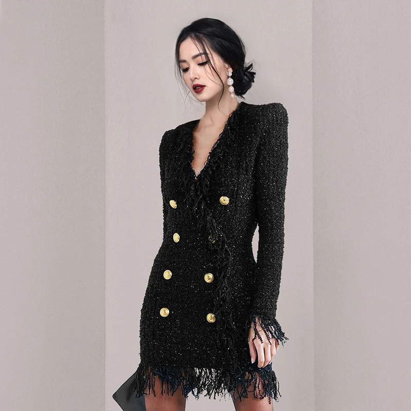 

COIGARSAM Women Mini Dress Autumn 2021 New Korea Style Long Sleeve Solid Lurex V-Neck Black Dresses Traf Robe Vestidos