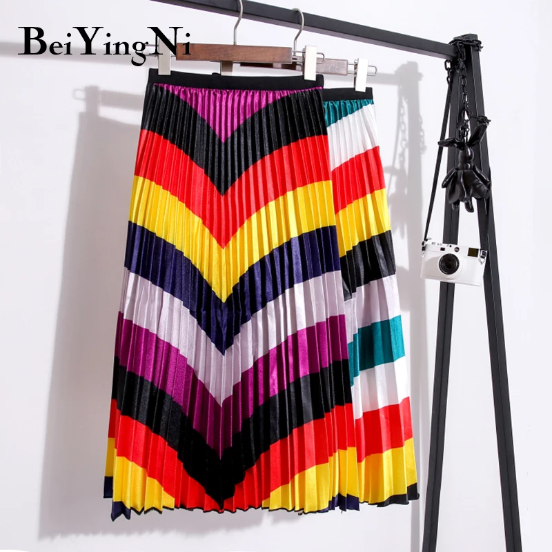 Beiyingni Cartoon Printed Skirt Women Summer Autumn High Street Pleated Midi Skirts Funny Casual European Chic Maxi Ladies | Женская