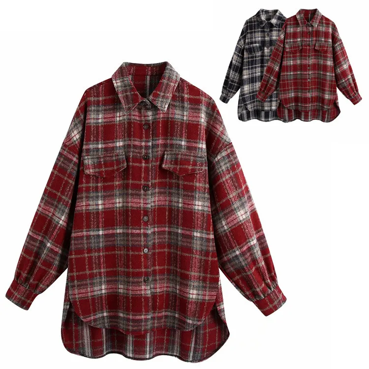 

2021 feminino korean abrigos mujer Plaid color contrast design mid-length woolen coat autumn winter women single-breasted jacket