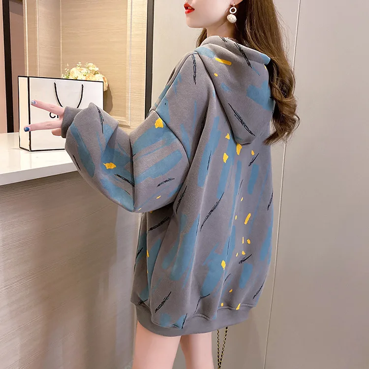 

Fall/Winter new hoodie female monochrome print student loose-fitting Instagram trend with a velvet and thickened coat