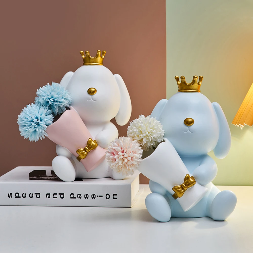 

Kawaii Rabbit Resin Statue Dried Flower Vase Nordic Home Decor Animal Miniature Figurines Children Bedroom Decor Ornament Gift