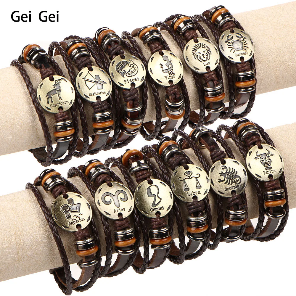 Мужской многослойный браслет из искусственной кожи в стиле ретро с 12 созвездиями