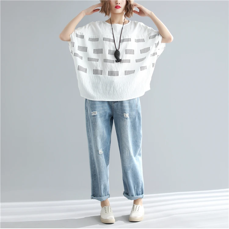 Женская футболка с рукавом летучая мышь Свободный Топ из хлопка и льна