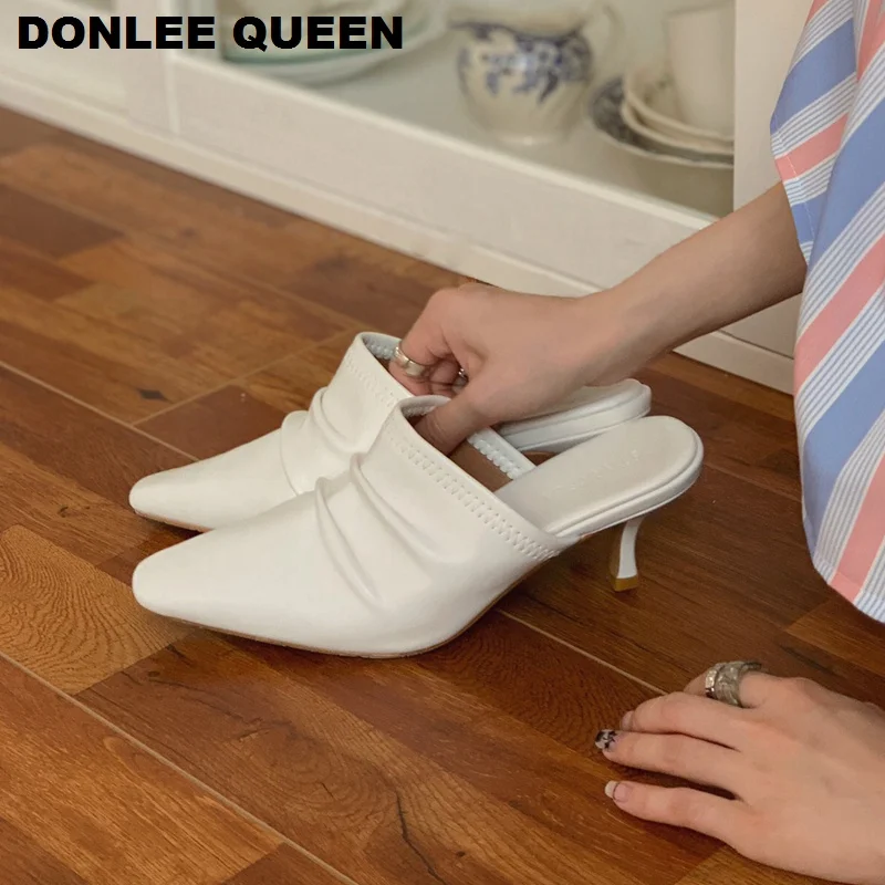 Шлепанцы женские на тонком каблуке дизайнерские брендовые плиссированные мюли