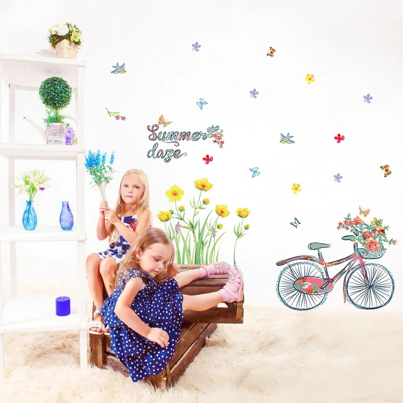 Пасторальный стиль желтые цветы и велосипед летние настенные наклейки для