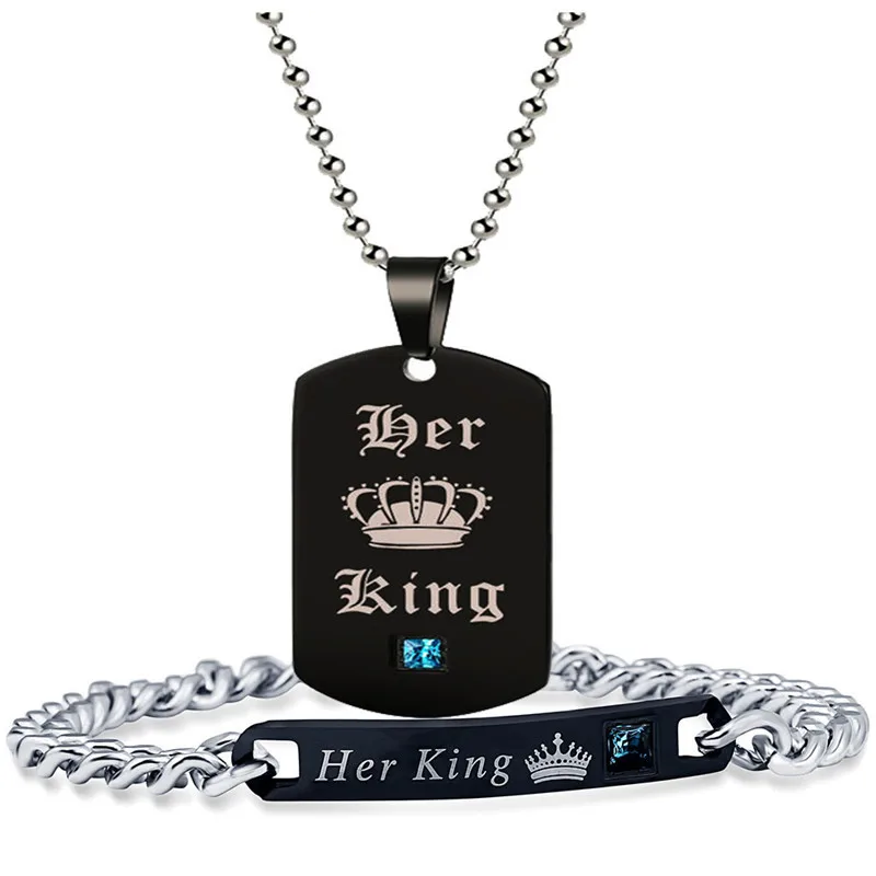 

Necklaces and Pendants Black, Bracelet Set for King Couple and Their Queen In Stainless Steel Pink Blue Crystal