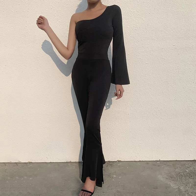 

Women Jumpsuit Split Leg Bell Sleeve Black Rompers Womens Jumpsuit High Waist Vintgae Sexy 2019 Jumpsuit