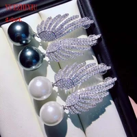 12mm white black pearl earrings micro inlay zircon wing women party fashion jewelry water drop earrings