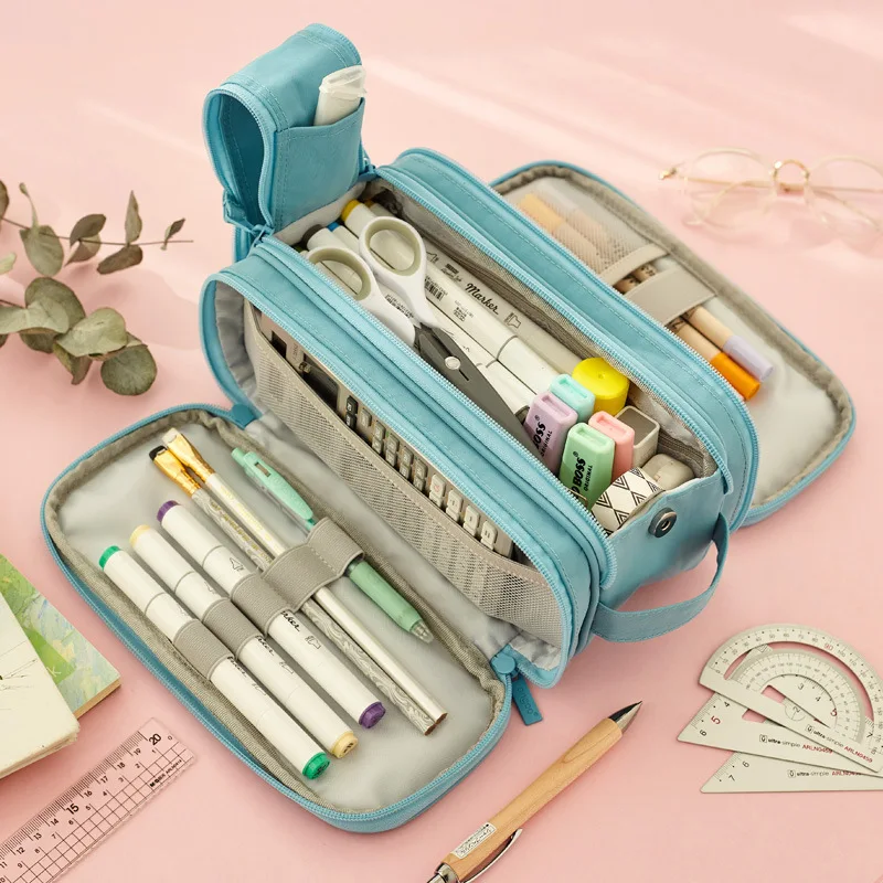 

Large capacity canvas pencil case Four layer school supplies storage bag Student pencil bag Solid color pen case stationery bag