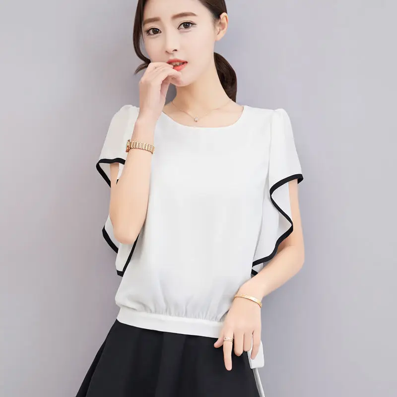 

Elegant Women's Spring Summer Style Blouses Women Short Sleeve O-neck Solid Ruffles Shirts Elegant Women's Casual Tops DF3431