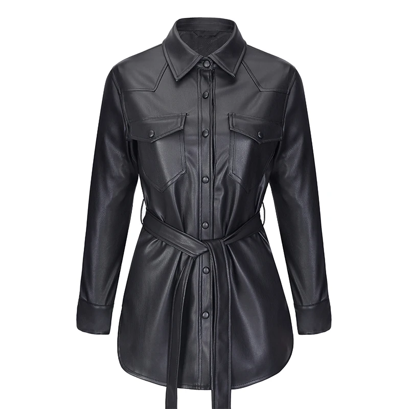 

Ailegogo Autumn Women Turndown Collar Slim Faux Leather Long Jacket with Belt Streetwear Moto Biker Black Pu Coat Chic Outwear