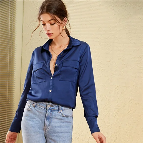 Navy Sheinside темно-синяя Элегантная атласная блузка с карманом женская рубашка Осенняя блузка на пуговицах Женский однотонный минималистичный Топ - Цвет: Navy