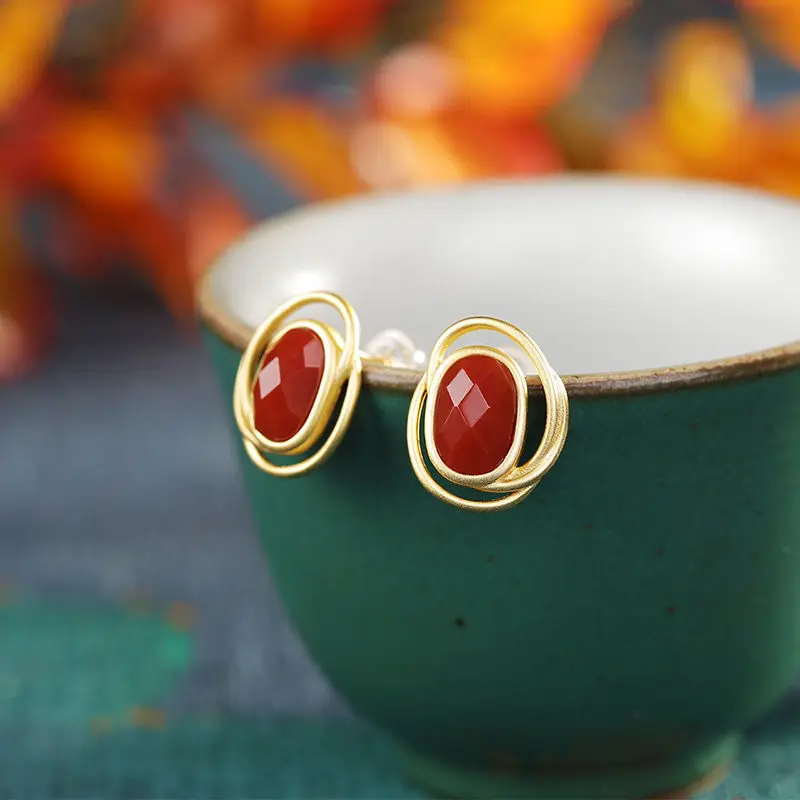 

S925 Sterling Silver Inlaid Natural South Red Agate Earrings Women's Simple Elegant Geometric Personality Ornament