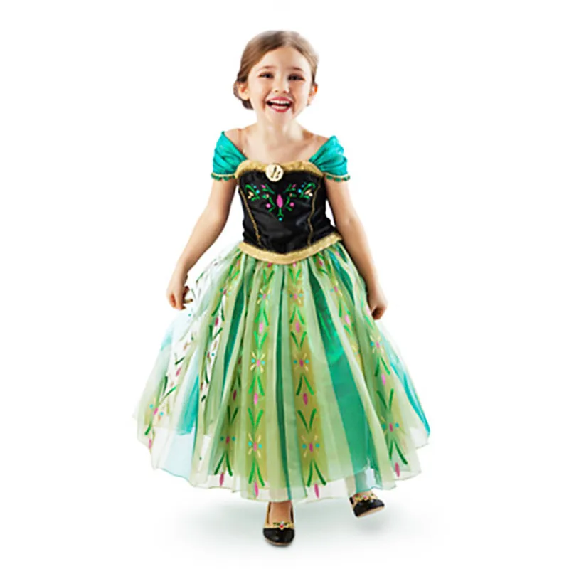 3-8Y Girls Christmas Dress Anna Elsa Princess Costume Green Fashion Print Pattern Kids Halloween Snow Queen Long Tail Gown | Детская