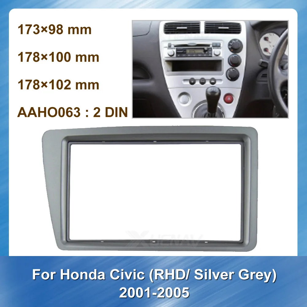 2DIN Car Radio Fascia for Honda Civic for Honda 2001-2005 RHD Silver Grey Fascia Frame Mount Kit Trim Panel Installation Frame