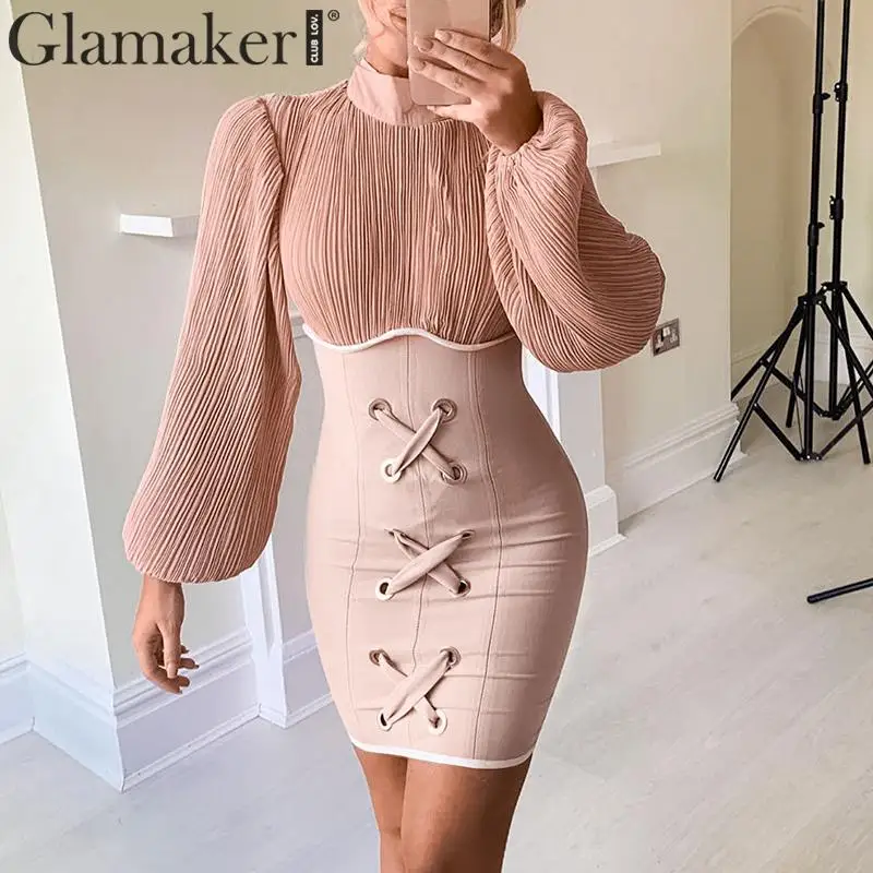 Glamaker, розовое трикотажное Бандажное облегающее мини-платье, женское сексуальное Клубное платье с длинным рукавом-фонариком, Осень-зима, плиссированные вечерние платья, новое платье