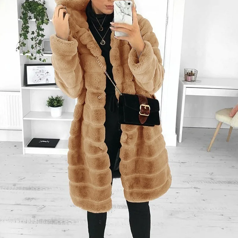 

Female Coat Winter Faux Fur Coat Hooded Long Sleeve Shaggy Soft Women's Jacket Fake Mink Overcoat Plus Size 5XL Tops Fur Coat