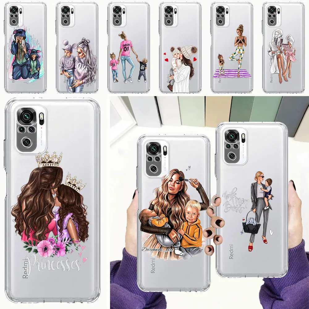 

Brown Hair Baby Mom Girl Son Transparent Case For Xiaomi Redmi 8 8A 9A 9C 9 Note 7 8 8T 9 9S 10 Pro K40 Mi Poco X3 NFC M3 Shell