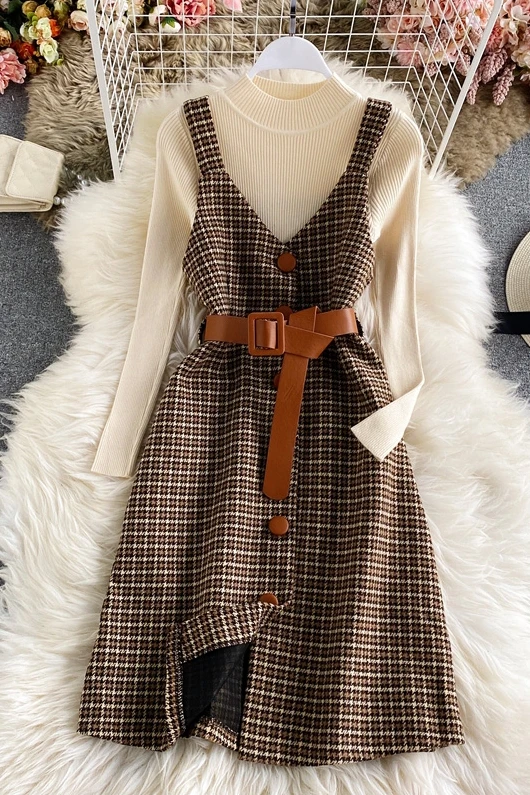 

women clothes 2020 Fall winter korean fashion vintage dresses two piece set Long sleeve top,knit sweater and plaid tweed dress