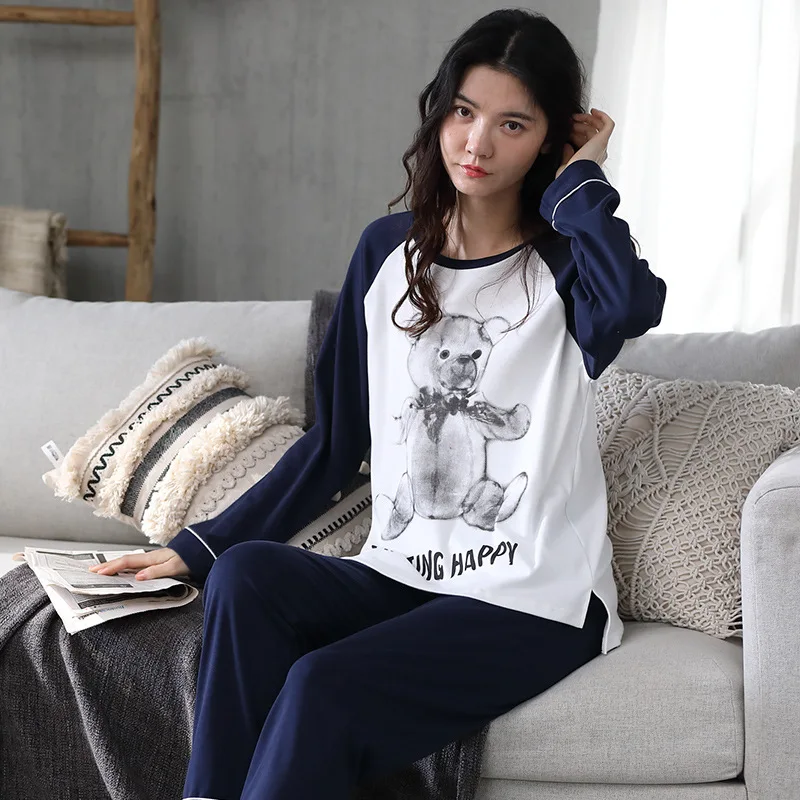 

Long Sleeve Cotton Pajamas Autumn Winter Keep Warm Pajama Sets For Women Cute Blue White Bear Pijamas Casual Soft Nightwear Set