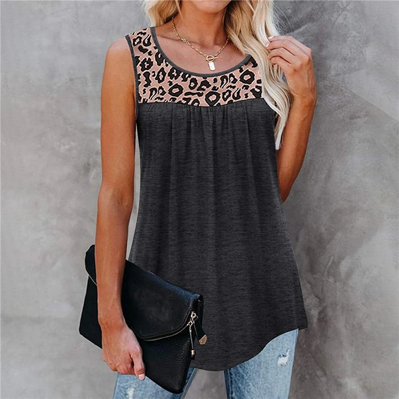 Майка женская с леопардовым принтом Свободная безрукавка круглым вырезом