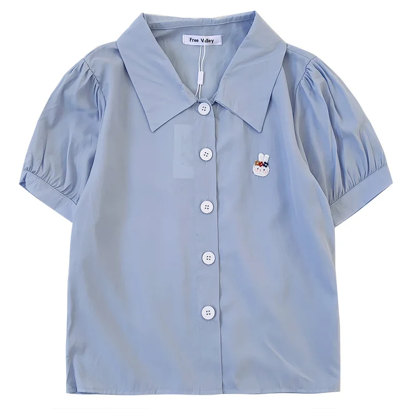 

Bunny Patch Shirts Women Summer Bubble Sleeve Lapel Slim Short Sleeve Shirt