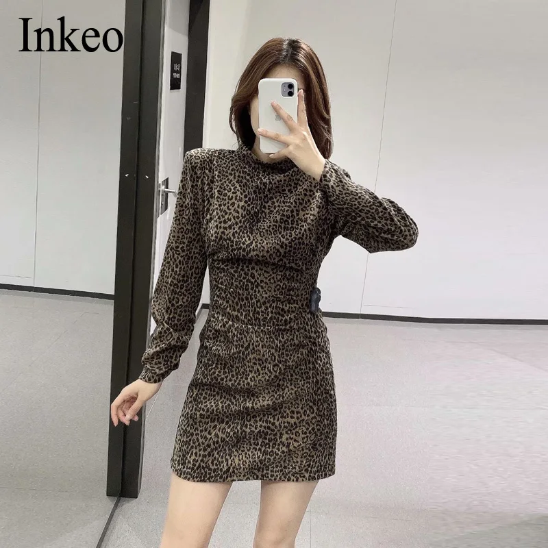 

Fashion Leopard Print Women Dress Bodycon New 2021 Full Sleeve Female Sheath Corduroy Mini Dress Party Club Vestidos INKEO 9D307