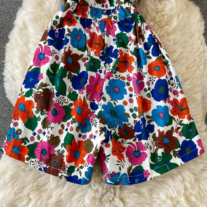 

2021 Summer New Fashion Retro Print Sleeveless Lapel Wide Leg Shorts Jumpsuit High Waist Slim Jumpsuit