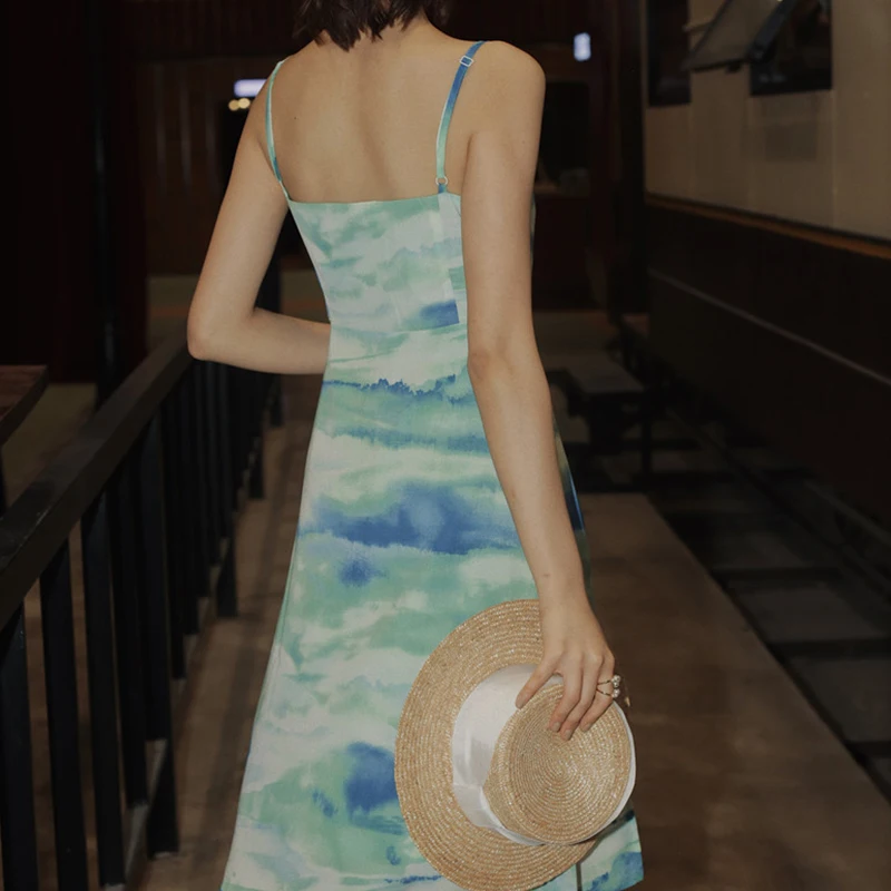 

2021 Summer Scenery Tie Dye V Neck High Wais Camisole Women Dresses Beatch Style Backless Sleeveless Slim Casual Female Dress