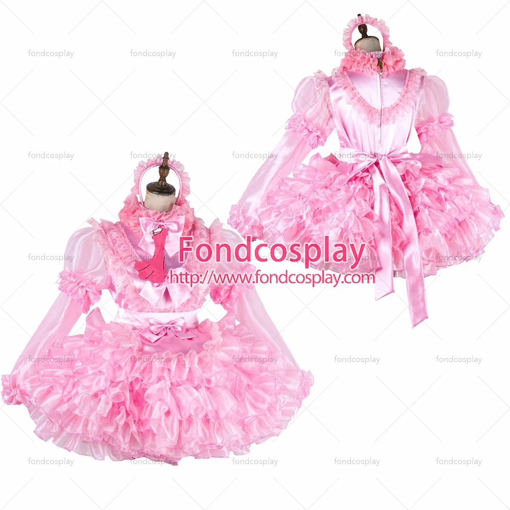 

fondcosplay adult sexy cross dressing sissy maid short lockable baby pink Satin Organza dress Uniform costume Tailor-made[G2014]