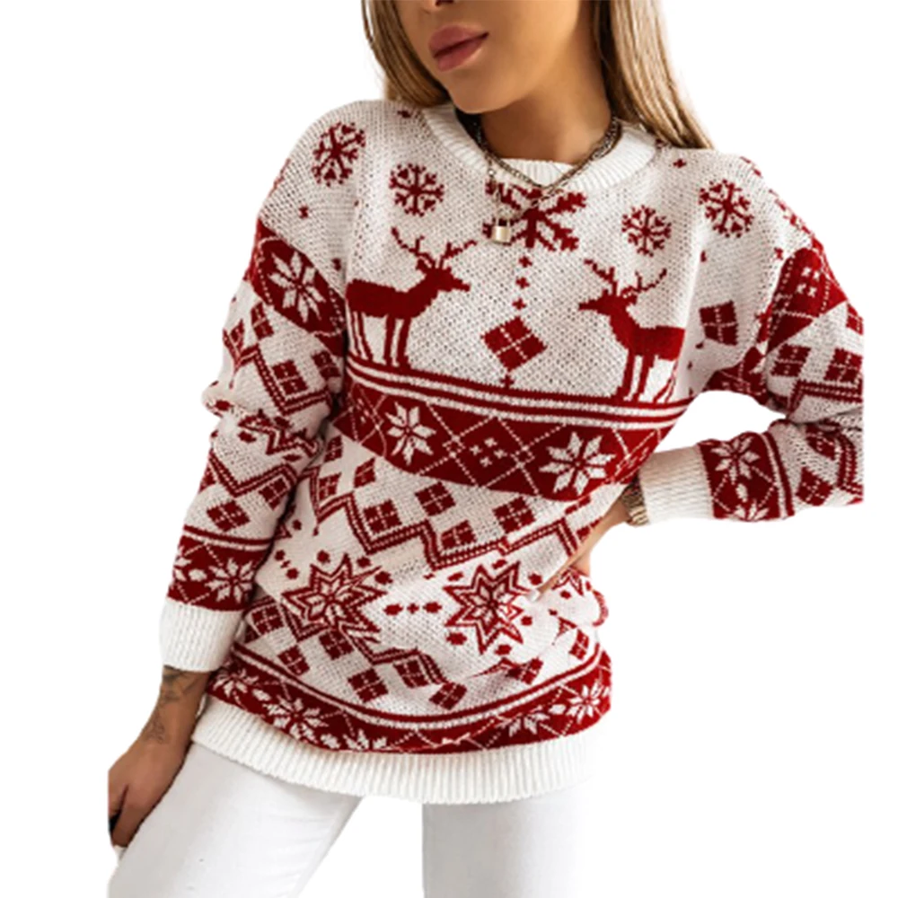 

Elk Geometry Snowflake Print Xmas Round Neck Knitwear Women Casual Long Sleeve Top Jacquard Warm Ladies Home Party Knit Sweater