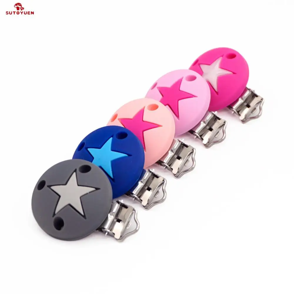 

Sutoyuen 2pcs Star Shaped Round Pacifier Clips Silicone Bead Baby teething Accessories Pacifier Holder Nipple Clasps Toy DIY