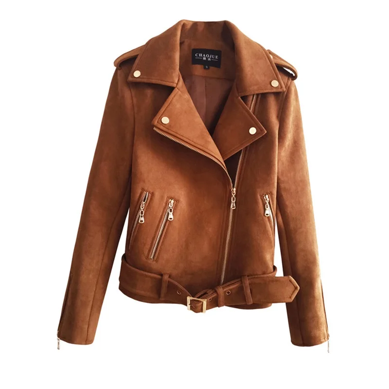 

New Women Autumn Winter Black Deerskin Jackets Short Zipper Basic Coat Turn-down Collar Motor Biker Jacket With Belt Casual Tops
