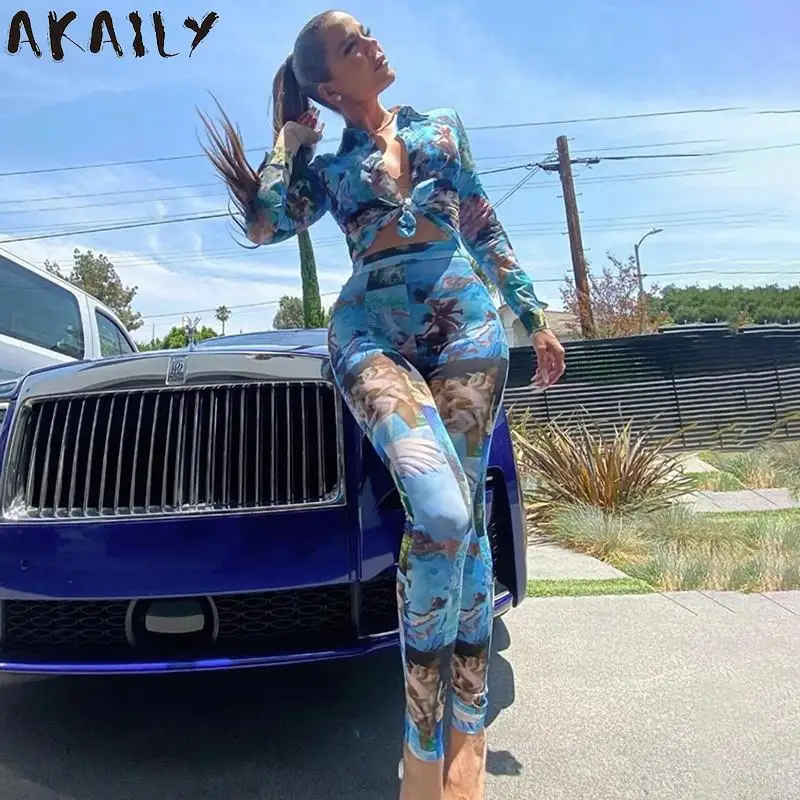 

Akaily Осенняя уличная одежда комплект из 2 предметов с принтом женская футболка с длинным рукавом Брюки женские костюмы 2021 винтажный комплект